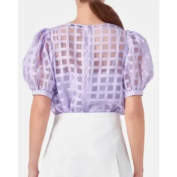 NWT English Factory Sheer Windowpane Puff Sleeve Top Lilac Size L - Picture 2 of 13